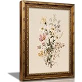 Vintage Gold Framed Botanical Wildflower Wall Art Rustic Botanical Canvas | Watercolor Wildflower Wall decor Botanical Daisy Picture Painting Retro Flower Print Artwork for Living Room Bedroom