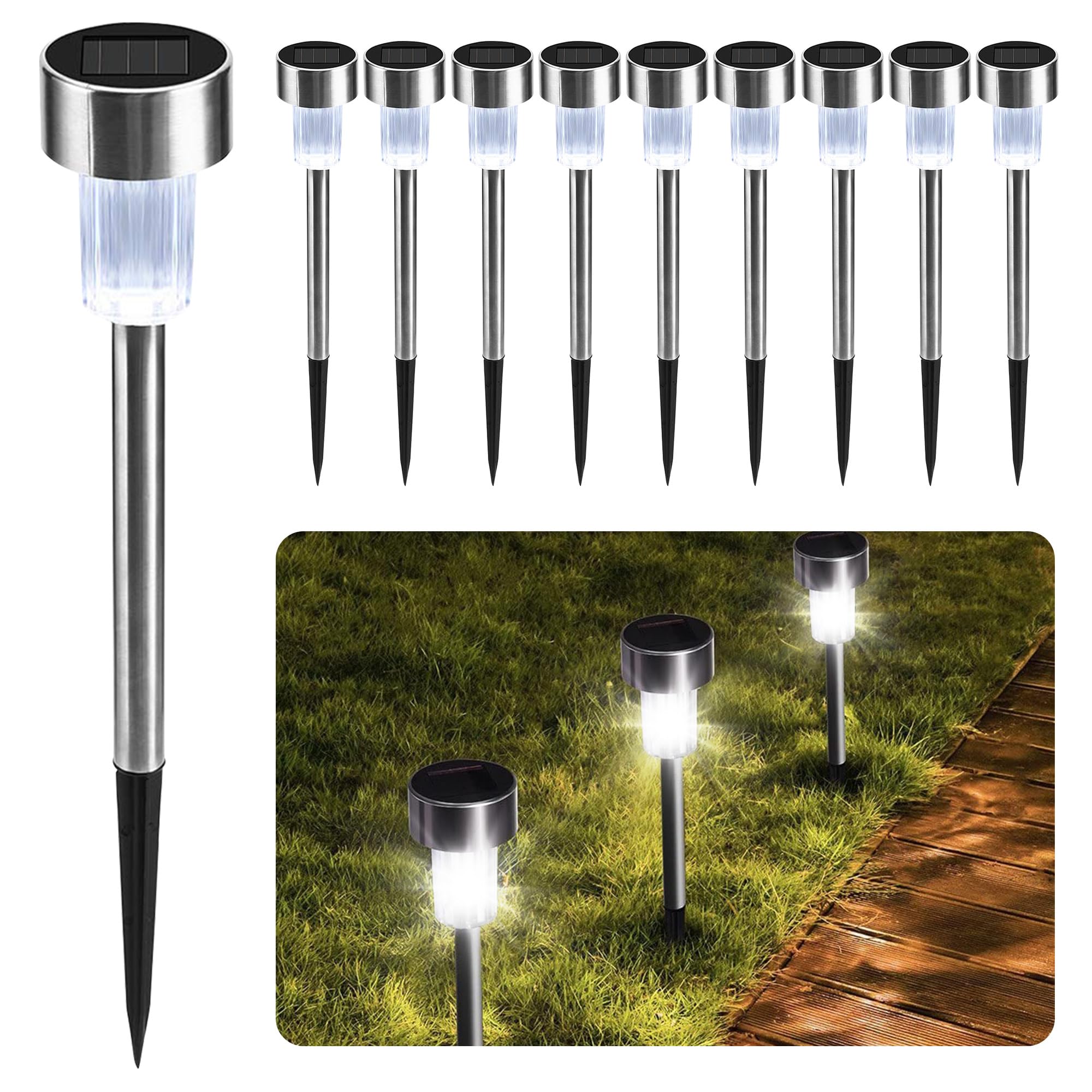 CUQOO Solar Garden Stake Lights - White 10 LED Waterproof Stainless Steel Pathway Lights, Rechargeable Outdoor Solar Light for Garden, Patios & Walkways