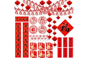 AKSIQEE Chinese New Year Decoration 2025 Lunar Happy Snake, 66 Pcs Ornaments Set Paper Red Lantern Red Envelopes Hongbao Couplets Banner Lucky Hanging Ornaments Fu Festival Gift Party Vietnamese Decoration