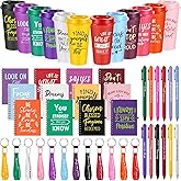 Skylety 12 Sets/48 Pcs Valentines Appreciation Gifts 16oz Inspirational Plastic Cups Spiral Notebooks Ballpoint Pens Keychains Bulk Thank You Valentines Gifts for Employees Coworker (Classic Color)