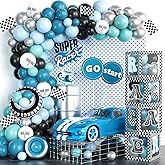Fiesec Race Car Balloon Garland Arch Kit with Balloon Boxes, Race Car Birthday Party Decorations, Birthday Party Decorations for Boys, Retro Blue Black Vintage Car Foil Balloon Checkered Flag Wheel