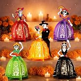 Flutesan 5 Pack Day of the Dead Table Centerpiece LED Light up Lanterns Box | Glitter Table Centerpiece Boxes, Candy Skull Couple Decorative Luminaries, for Dia De Los Muertos Holiday Decor Supply