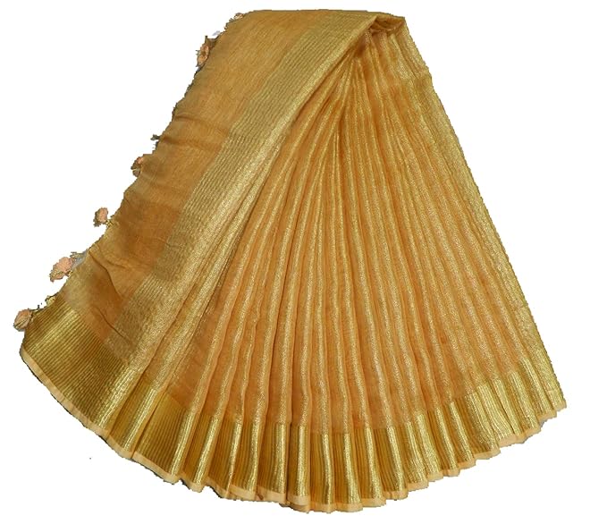 Women's Stylish Tissue Linen Saree with Raining Blouse (Golden)