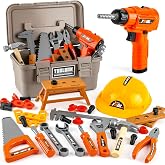 Portable Tool Box Toy Kids Tool Set 46PCS with Kid Drill &amp; Helmet, Toddler Tool Box Construction Kit, STEM Creativity Toys for Boys Girls Ages 3-6, Montessori Play Toolbox with Drill Set Gift Ideas