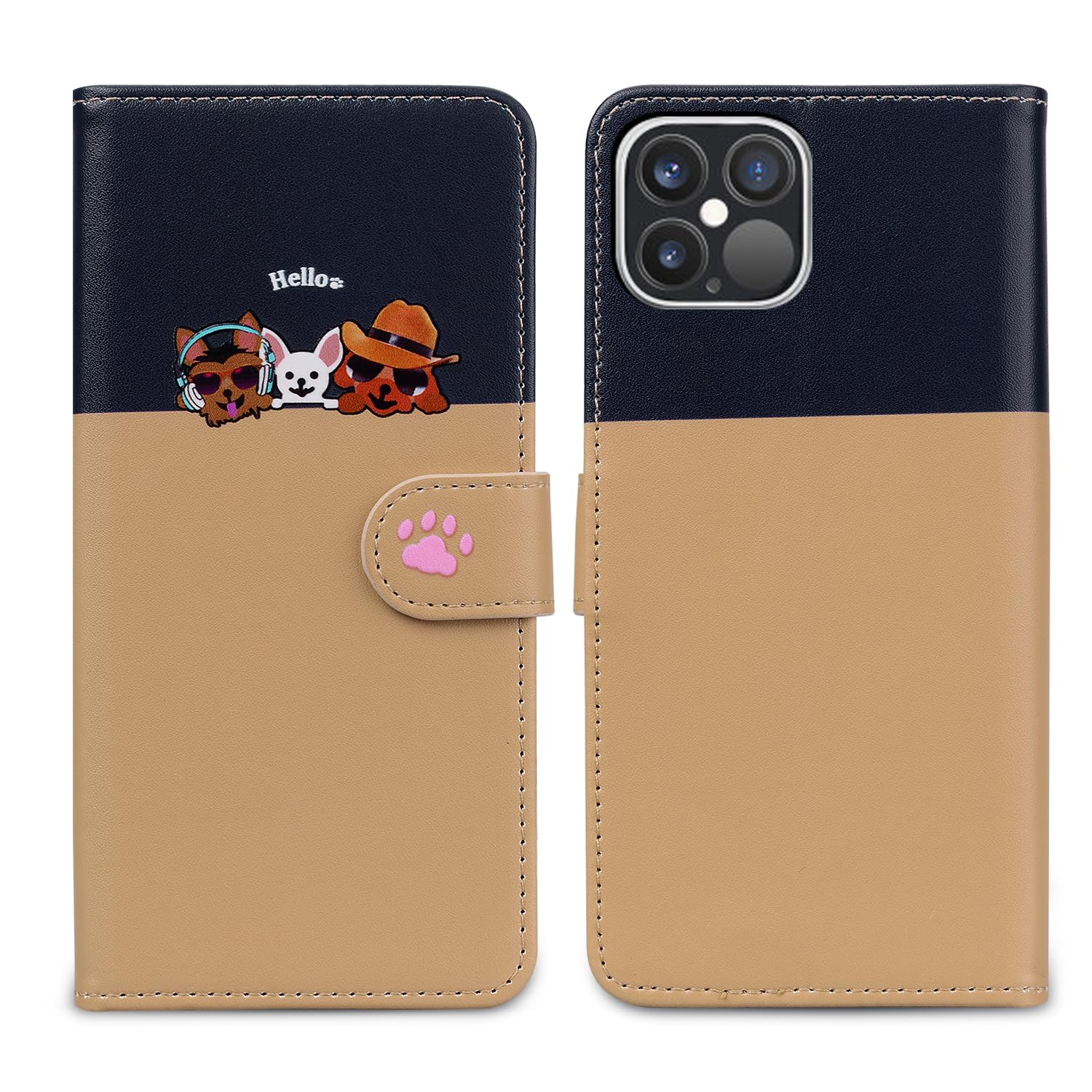 Nbziyoo Phone Case for iPhone 12,Cartoon Cats/Dogs Patterns Flip Wallet Case with Card Slots, Premium Magnetic PU Leather Cover Case for iPhone 12 Pro, Khaki