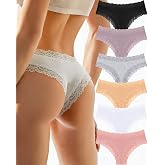 FINETOO Cotton Underwear Womens Sexy Lace Cheeky Low Rise Panties 6 Pack | Brazilian Briefs,Breathable,Low Rise Hipster,Comfortable,Between Thong and Bikini Styles,Gift for Her,Romantic Date Night