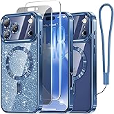 Meifigno Designed for iPhone 17 Pro Case 6.3", [Glitter Card & Wrist Strap] [Compatible with MagSafe] [1HD +1X Privacy Screen Protectors] Surround Raised Lens Protection for 17 Pro Case, Deep Blue