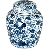 Creative Co-Op Small Decorative Ceramic Ginger Jar with Lid, Blue and White Floral Pattern
