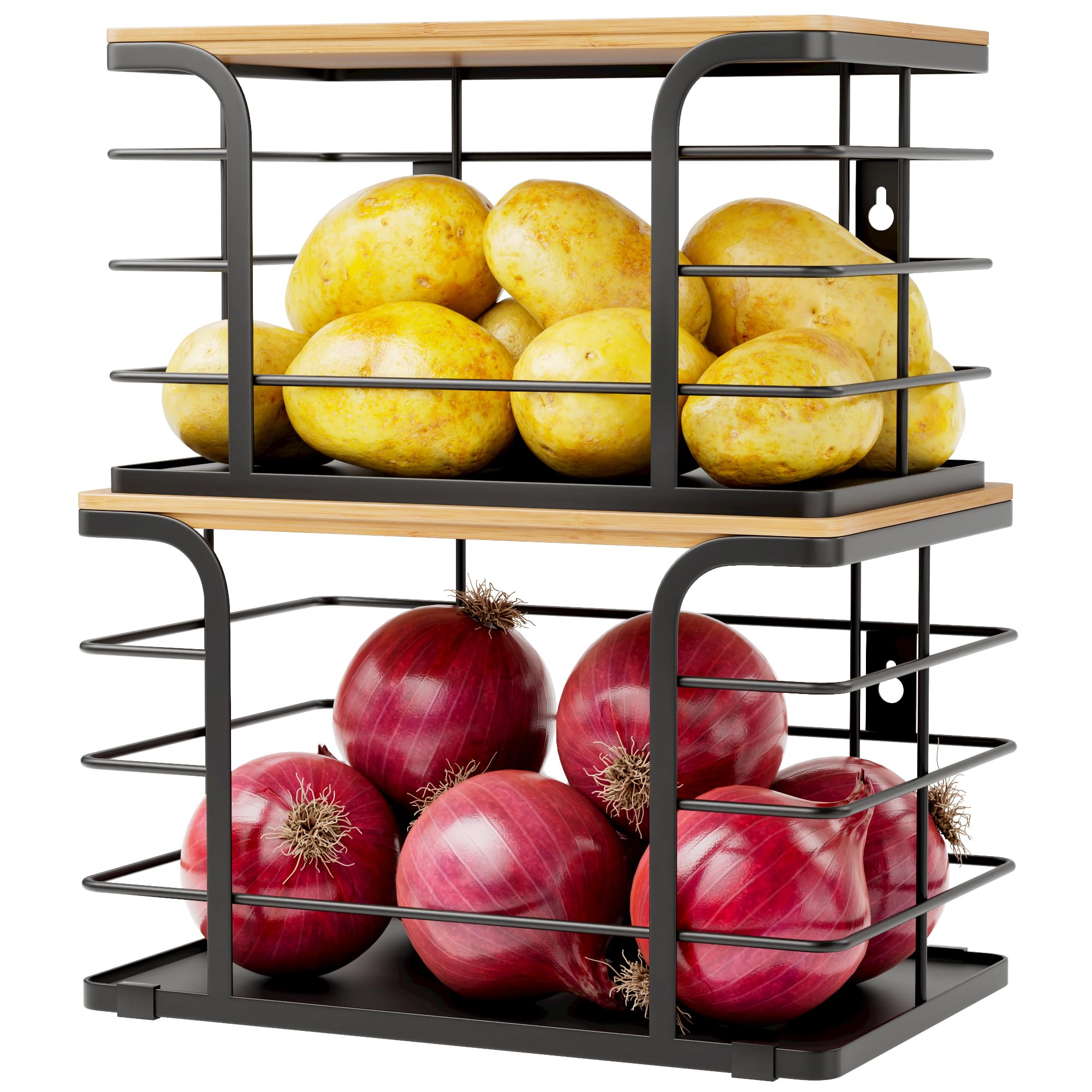 Photo 1 of **MINOR CRACK IN TOP SEE PHOTOS**Stylstoreazy 2 Pack Potato and Onion Storage Bin,Stackable Pantry Organizers and Storage with PP Liner and Bamboo Top,Kitchen Storage Organization Counter Basket for Fruits,Produce,Vegetable, Black