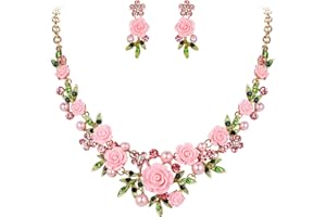 EVER FAITH Women's Austrian Crystal Simulated Pearl Rose Flower Leaf Necklace Pierced Earrings Set