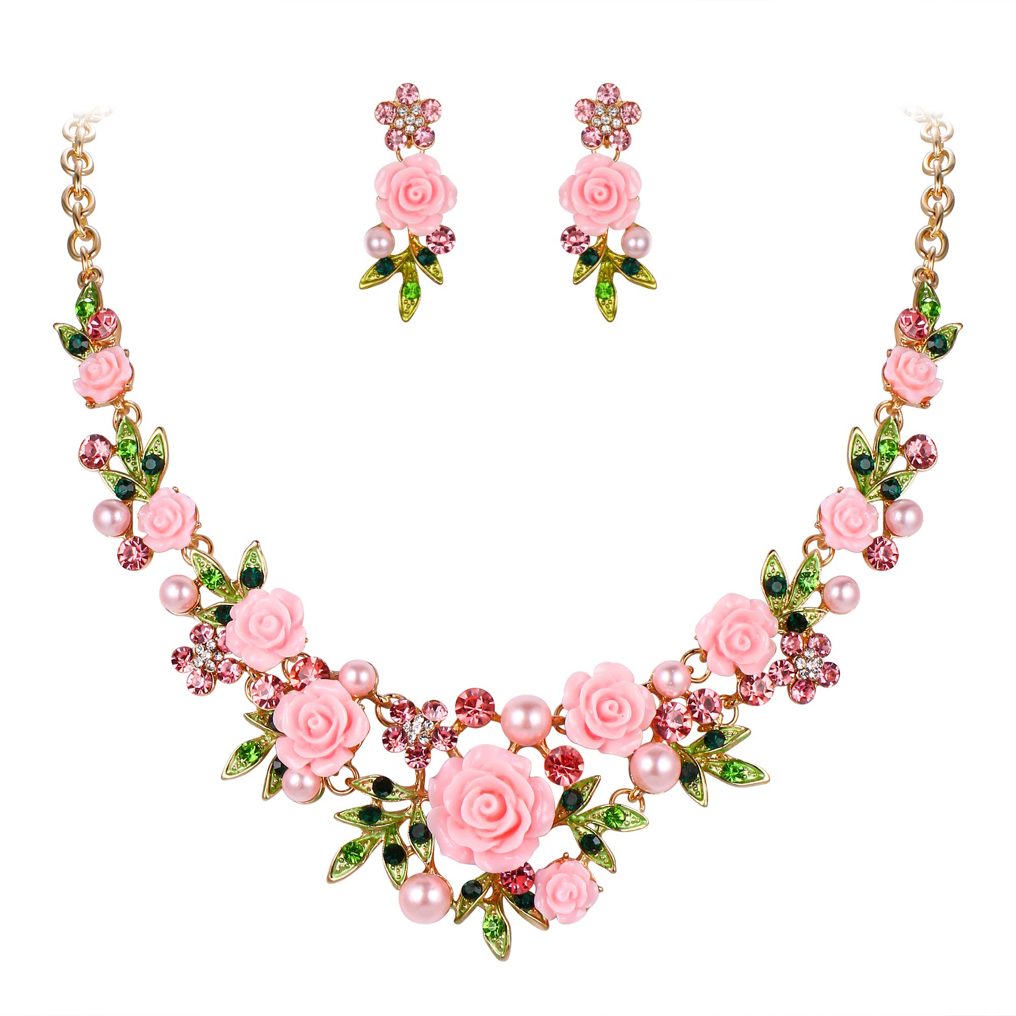 Ever Faith Women's Crystal Simulated Pearl Pink Rose Flower Leaf Necklace Pierced Earrings Set Gold-Tone