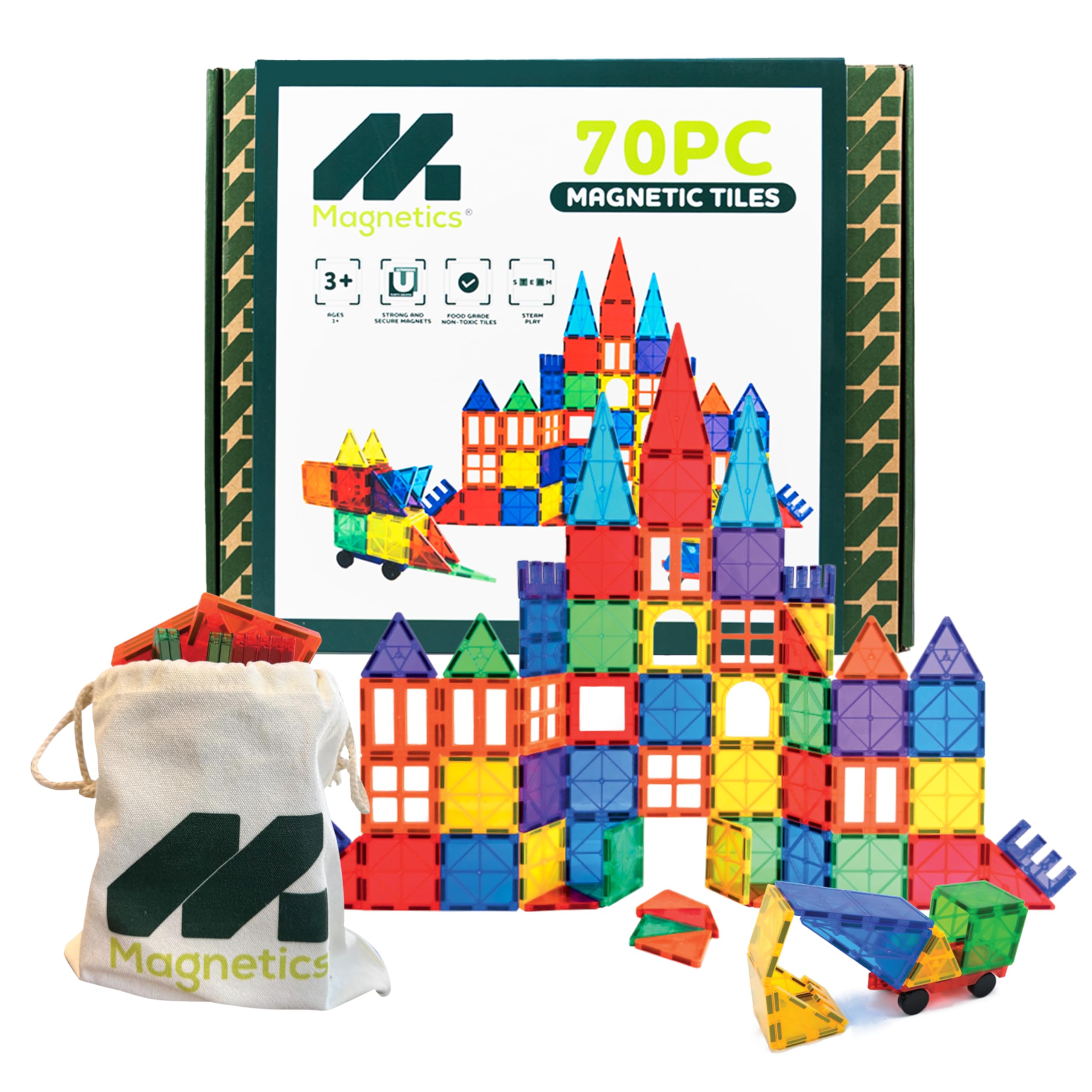 Leftfield Toys Magnetics | Magnetic Tile Building Set | 70 Piece Educational Construction Toy for Children Ages 3+ Years