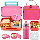 PIQUEBAR Kids Lunch Box with 8oz Thermo, Leakproof Bento Box with Insulated Bag, Kids Insulated Water Bottle with Straw, Food Lunch Container for Back to School Girls, Pink