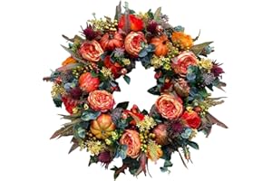 Fall Wreaths for Front Door, 15.7 Inch Autumn Candle Ring Wreath with Peonies, Pumpkins and Berries, Vibrant Halloween and Th