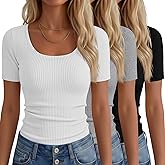 Neer 3 Pack Fitted Ribbed Scoop Neck T-Shirts for Women, Tight Short Sleeve Tops Slim Basic Tee Trendy Summer Blouses