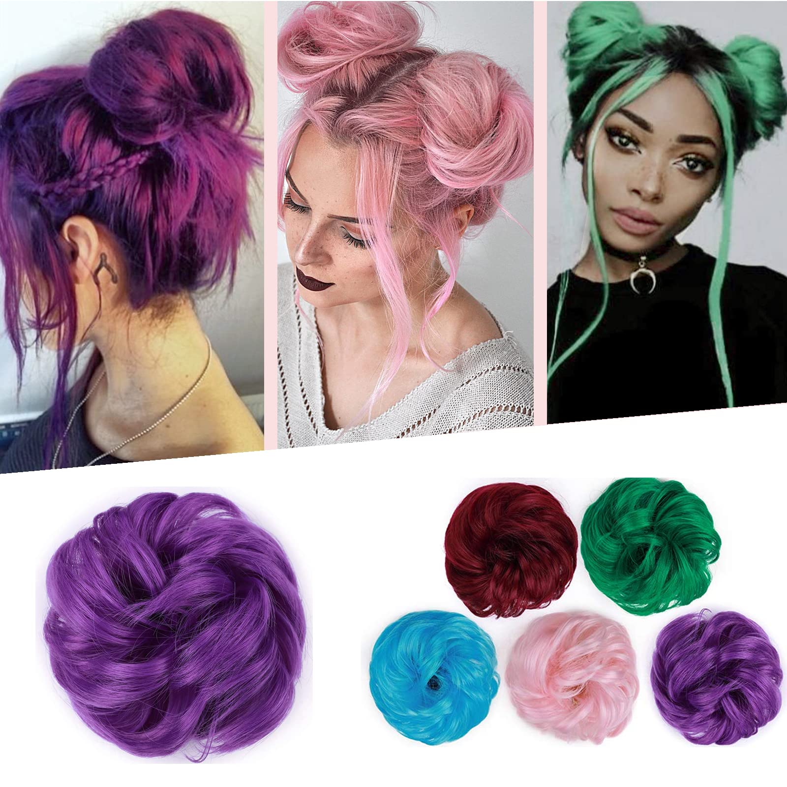Silk-co Thick Hair Bun Extensions Messy Curly Hair Scrunchies Hairpieces Synthetic Donut Updo Pieces 35g/PC Purple — image 1