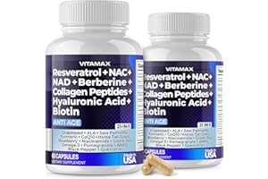 Vitamax Resveratrol NAD+ Berberine Hyaluronic Acid - Biotin Grape & Blueberry + NAC - Collagen Peptides - Hair, Nail, Skin & Joint Supplement - 21-in-1 Women and Men - Made in USA - 120 Count