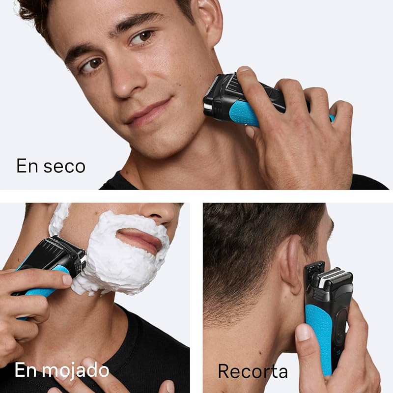 Barbear Elétrico Masculino Série 3 ProSkin 3040s, barbear seco e molhado, cabeça de precisão, uso de 45 minutos, recarregável, pente Microcomb para um barbear suave, preto/azul