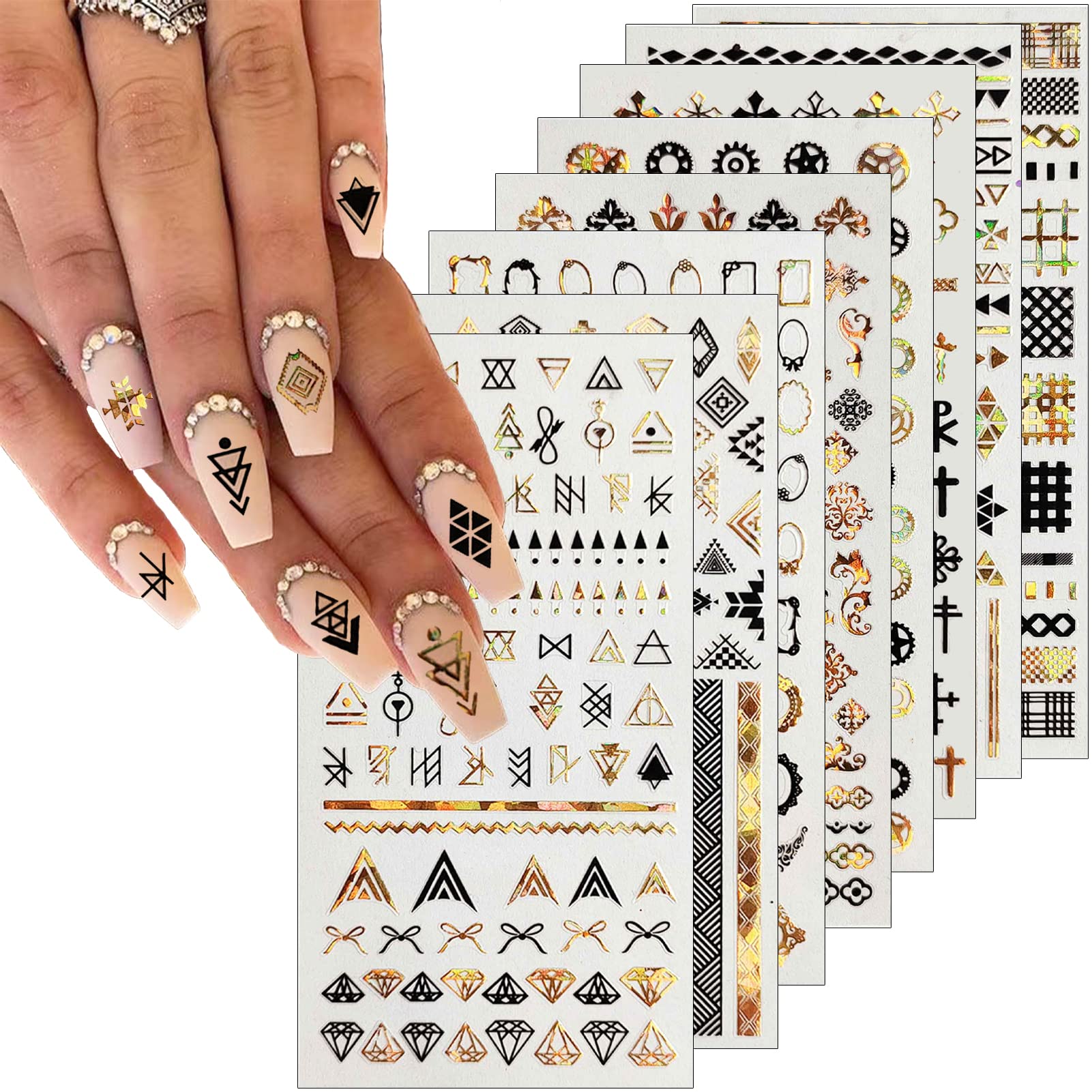 8 Sheets Geometric Nail Art Stickers, Black Gold Geometry Triangular Rhombus Minimalist 3D Design Self-Adhesive Nail Art Decals, DIY Manicure Decoration Supplies Accessories for Women Girls