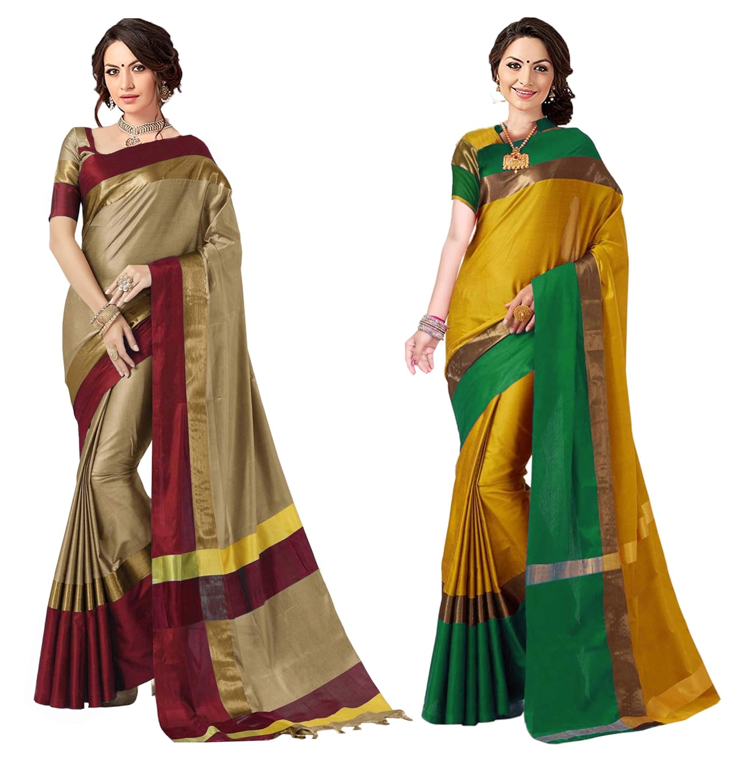 art d&eacute;cor sarees women's cotton silk saree (chiku red & yellow green_pack of 2)