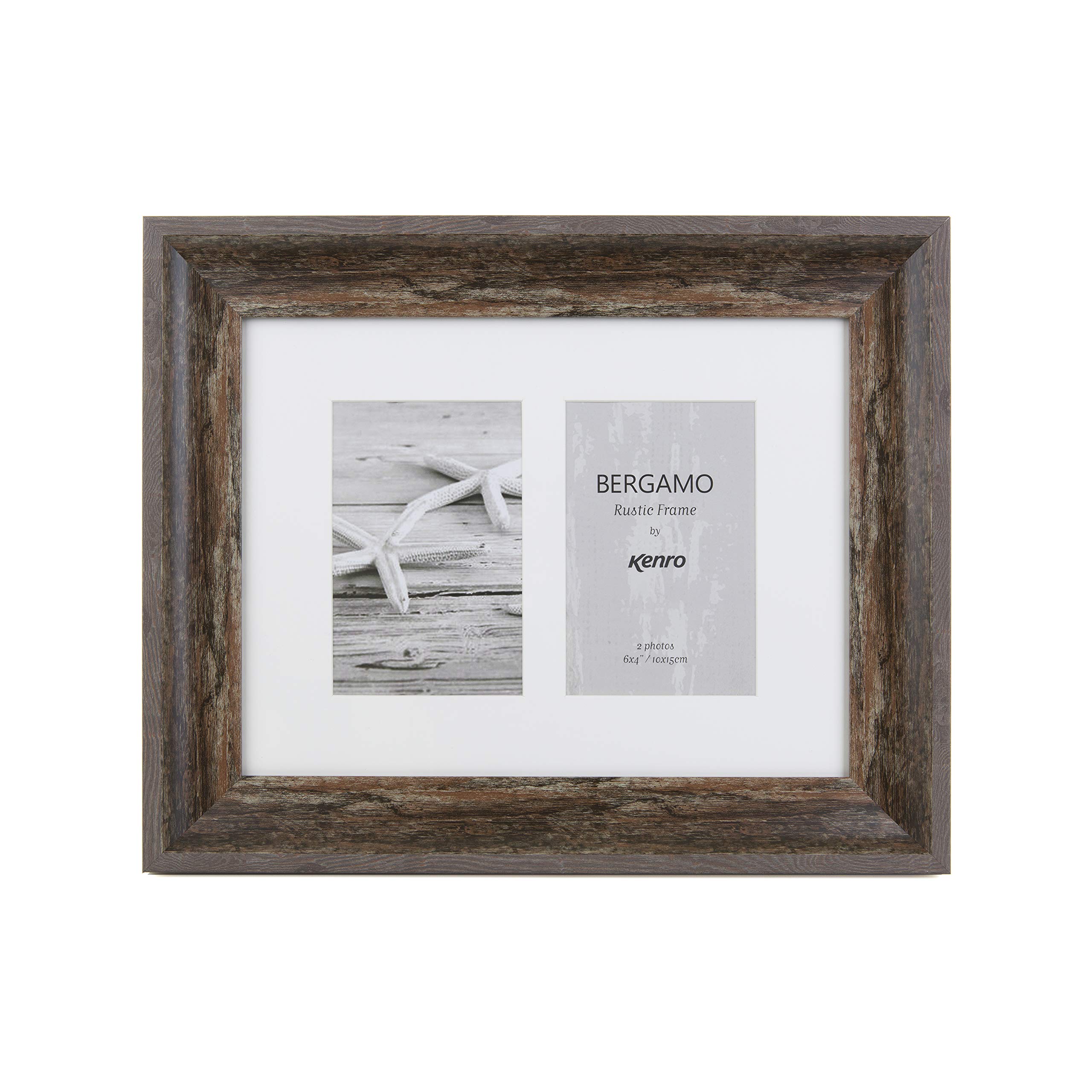 Kenro Bergamo Series Rustic Brown Wood Effect Double Aperture Photograph Frame 11.5x8.6 Inch / 29x22cm with White Mat for 2 Photos 6x4 Inch / 10x15cm – BERG1015BN/2