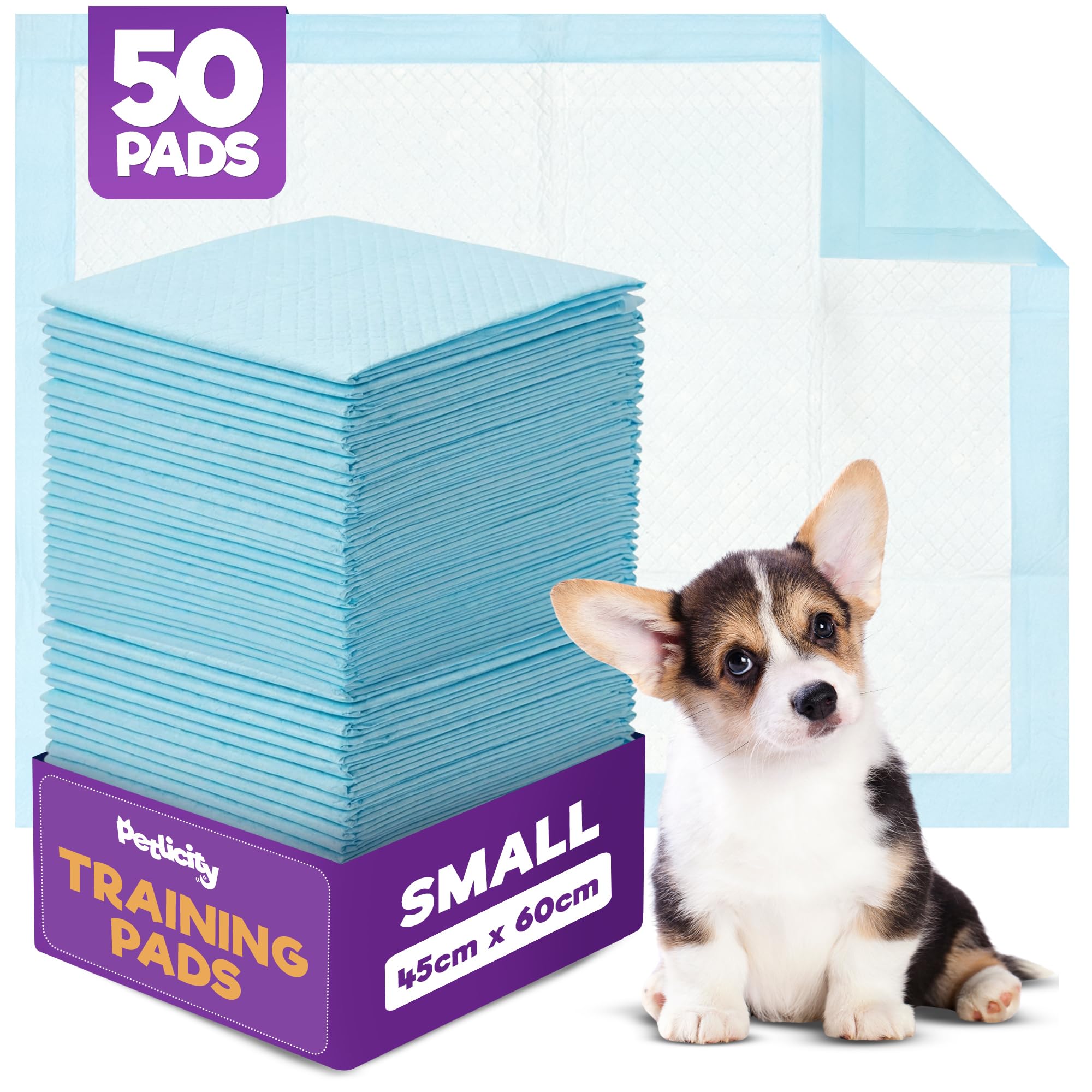 Petlicity 50 Pack Small Puppy Pads - Disposable Puppy Training Pads, Highly Absorbent Leak-Proof Dog Training Pads, Premium Quality Quick-Dry Dog Pads Pee Pads Dogs Mat (45x60cm)