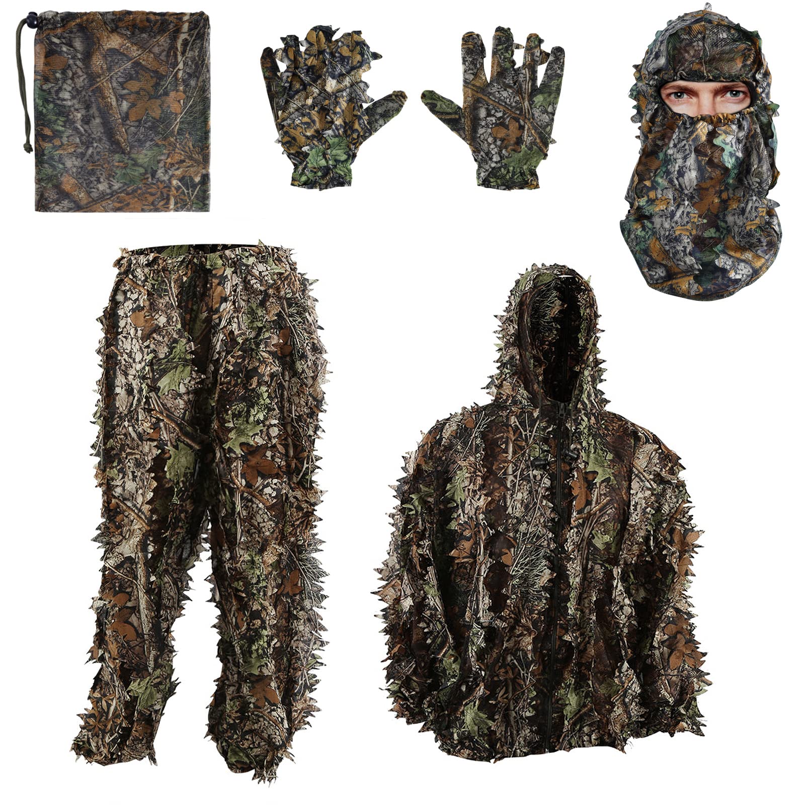 Zicac 5 Pcs Ghillie Suit, 3D Leaf Camouflage Uniform, Mask, Gloves, Storage Bag Set, Suitable for Outdoor Hunting, Wildlife Photography, CS Game