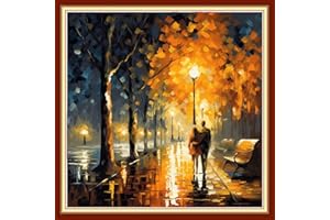 Foxdiviy Stamped Cross Stitch Kits Full Range of Embroidery Needlework Starter Kits for Beginners Adults 11CT Embroidery Patterns Art Crafts DIY Needlepoint Kits-Strolling on a Rainy Night 18x18 inch