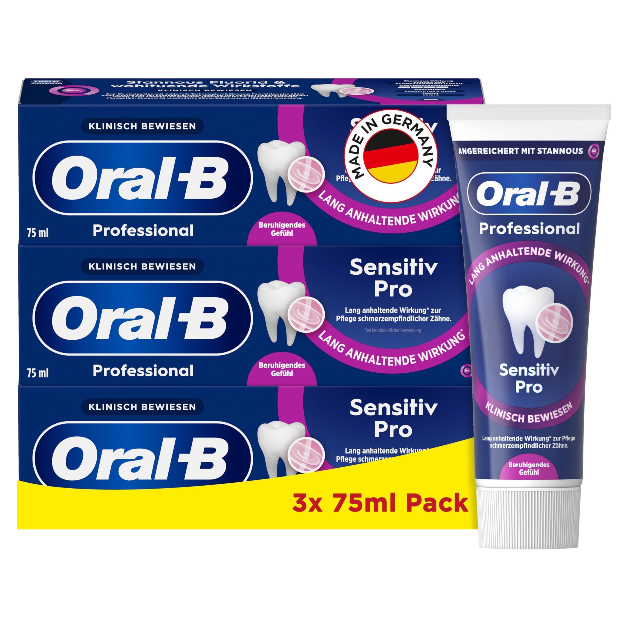 Oral-B Professional Sensitiv Pro Beruhigendes Gefühl Zahnpasta - 3x75ml, Zahncreme/Toothpaste, Made in Germany, Eukalyptus und Minze Geschmack