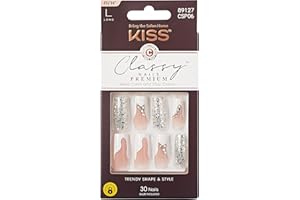 KISS Premium Classy Fake Nails - Stay Modish, Long & Square, Super Glam, Jewel Accents, Waterproof, Smudge Proof, No Dry Time, Durable, Takes Minutes, Quick & Easy | 30 Count