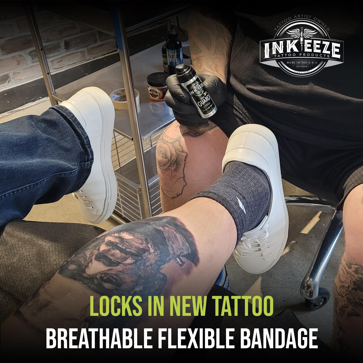 INK-EEZE Tattoo Ink Guard Spray on Bandage for Professional Artist to Protect Freshly Completed Tattoo, 50 Applications, Made in USA, 1.35oz Spray