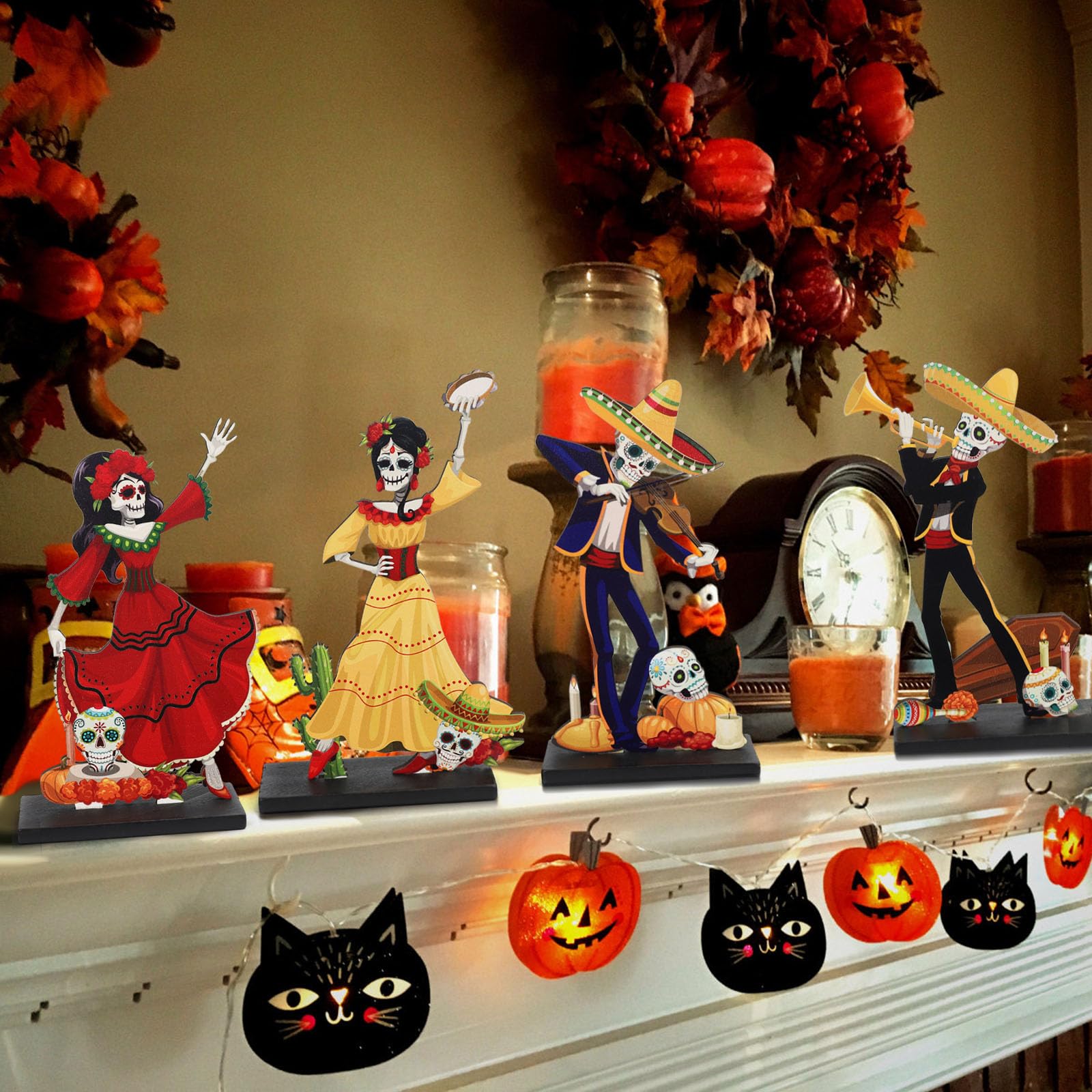 Strdfeve 4 Pieces Day of The Dead Table Top Decorations Wooden Halloween Sign for Mexican Fiesta Decorations,Dia De Los Muertos Centerpieces for Table