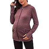 DEBELLY Maternity Sweatshirts Long Sleeve Full Zip Hoodie Casual Pregnancy Women Jacket Top with Pockets,Thumb Hole,Side Ruch