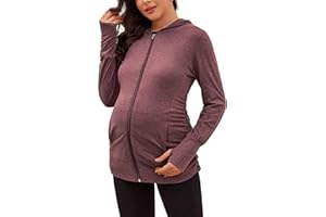 DEBELLY Maternity Sweatshirts Long Sleeve Full Zip Hoodie Casual Pregnancy Women Jacket Top with Pockets,Thumb Hole,Side Ruch