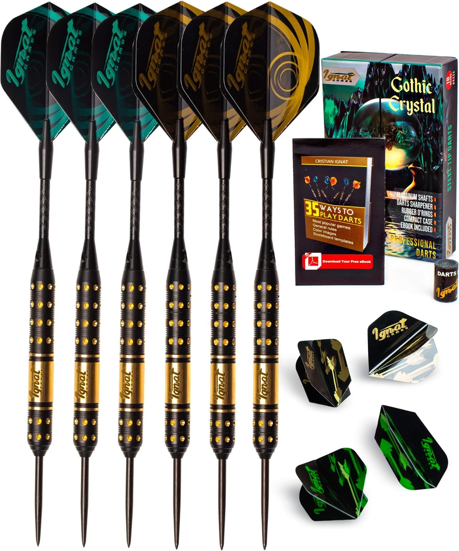 IgnatGames Steel Tip Darts Set - Professional Darts with Aluminum Shafts, Rubber O'Rings, and Extra Flights + Dart Sharpener + Innovative Case + Darts Guide