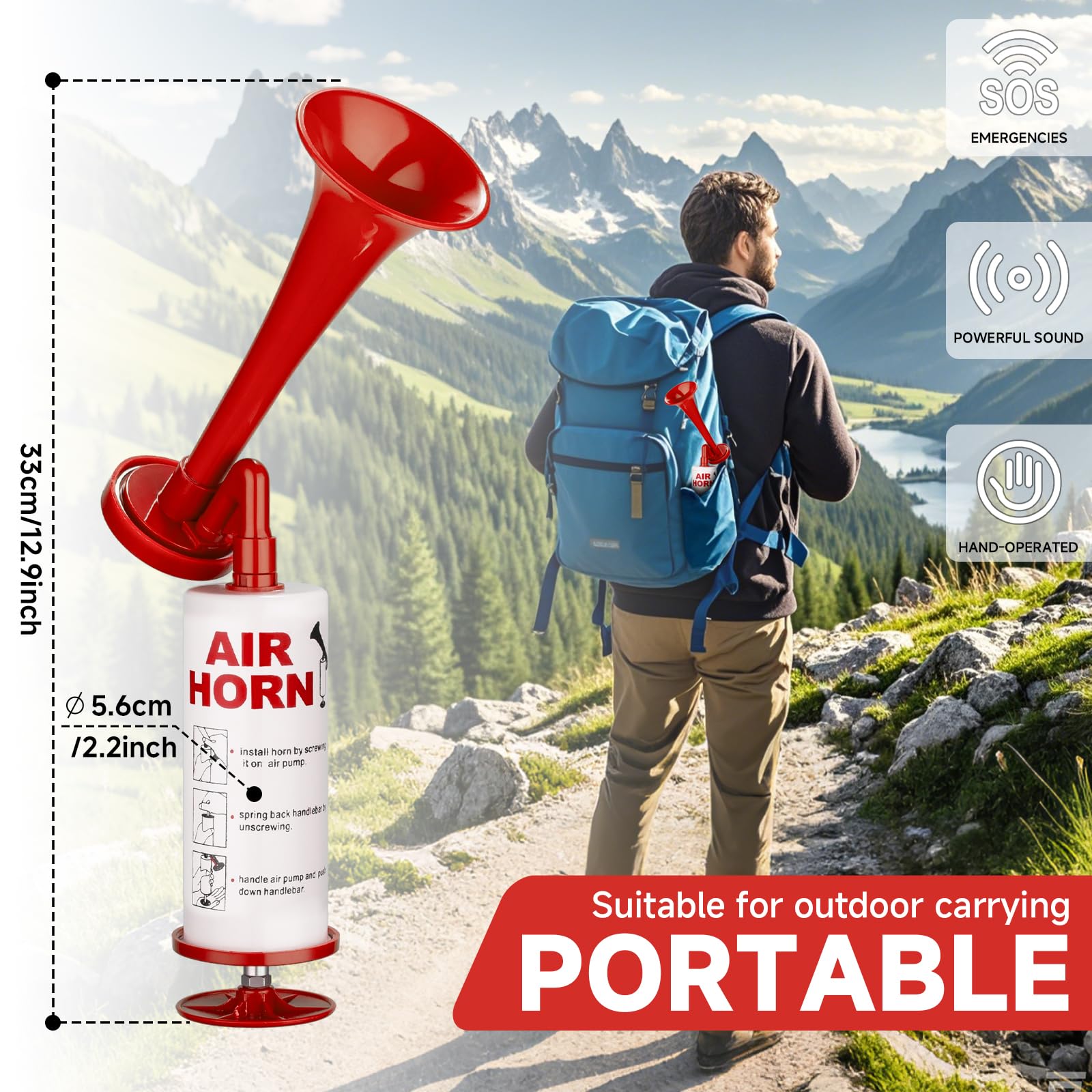 Handheld Air Horn, BANHAO Aluminum Loud Noise Maker Safety Boat Car Sports Events Handheld Air Pump Loud Safety Horn for Boats