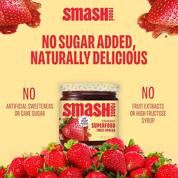 SMASH FOODS STRAWBERRY JAM | LOW-CALORIE, NO SUGAR ADDED KETO JAM WITH UPCYCLED FRUIT & CHIA SEEDS | VEGAN, PALEO SUPERFOOD FRUIT SPREAD (1 JAR)