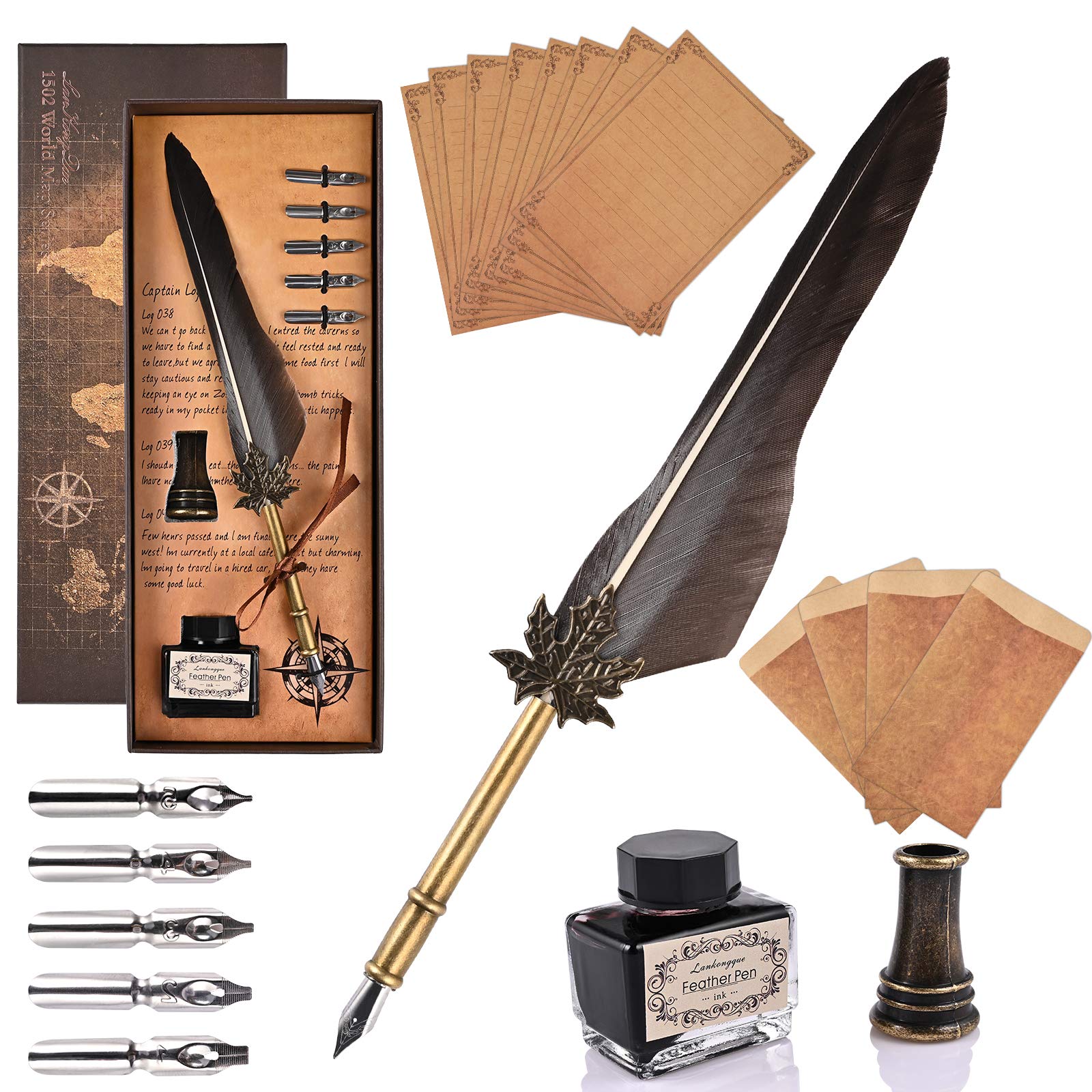 GOLDGE Quill Feather Pen Set - Antique Dip Calligraphy Writing Ink With 5 Replacement Nibs, Holder, 8 Writing Papers and 4 Envelopes