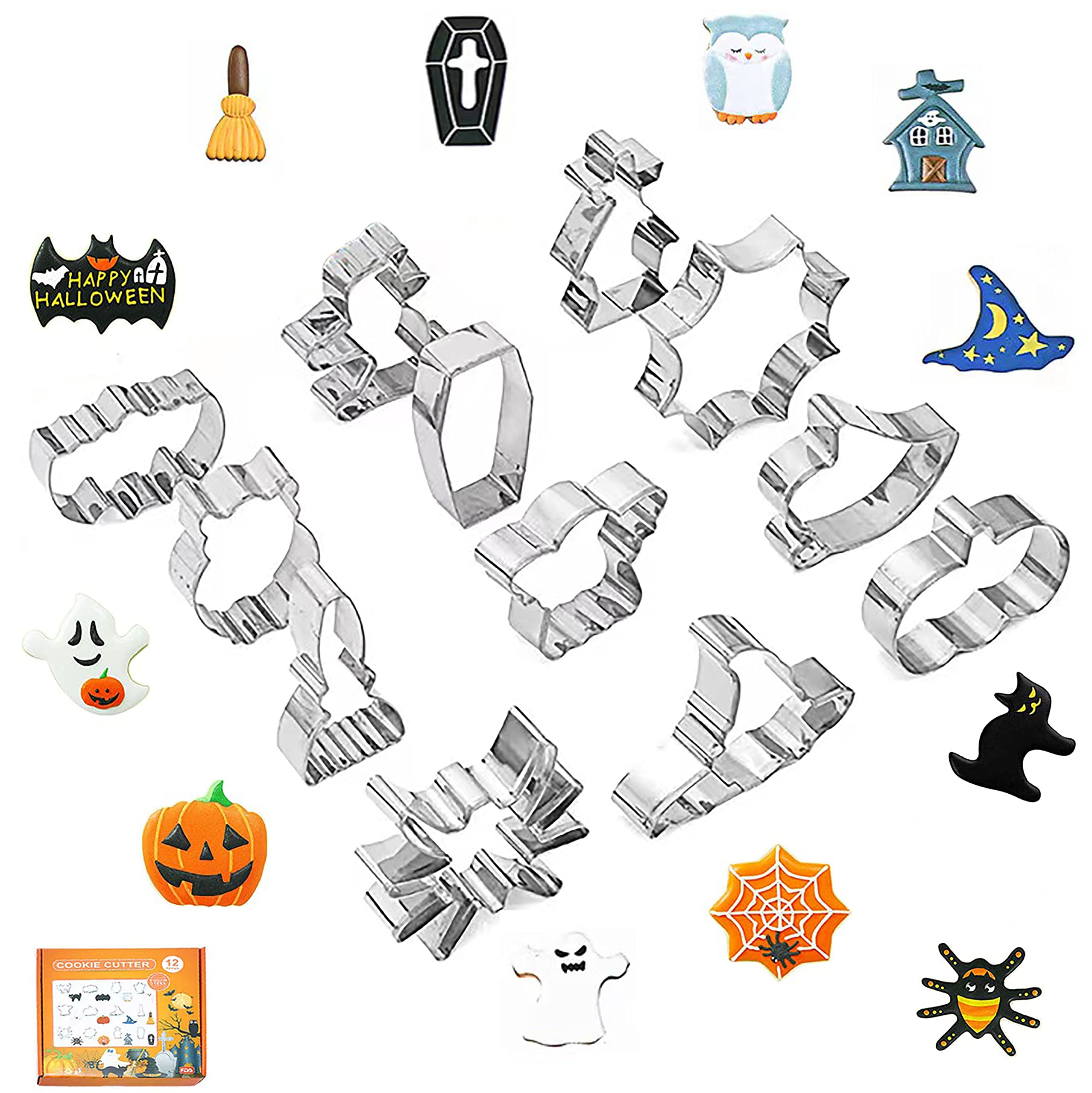 Halloween cookie cutters, 12 pieces stainless steel cookie cutters, for cake, cookie, fondant, biscuits, bread and sandwiches, for decoration Halloween, various parties, Christmas.