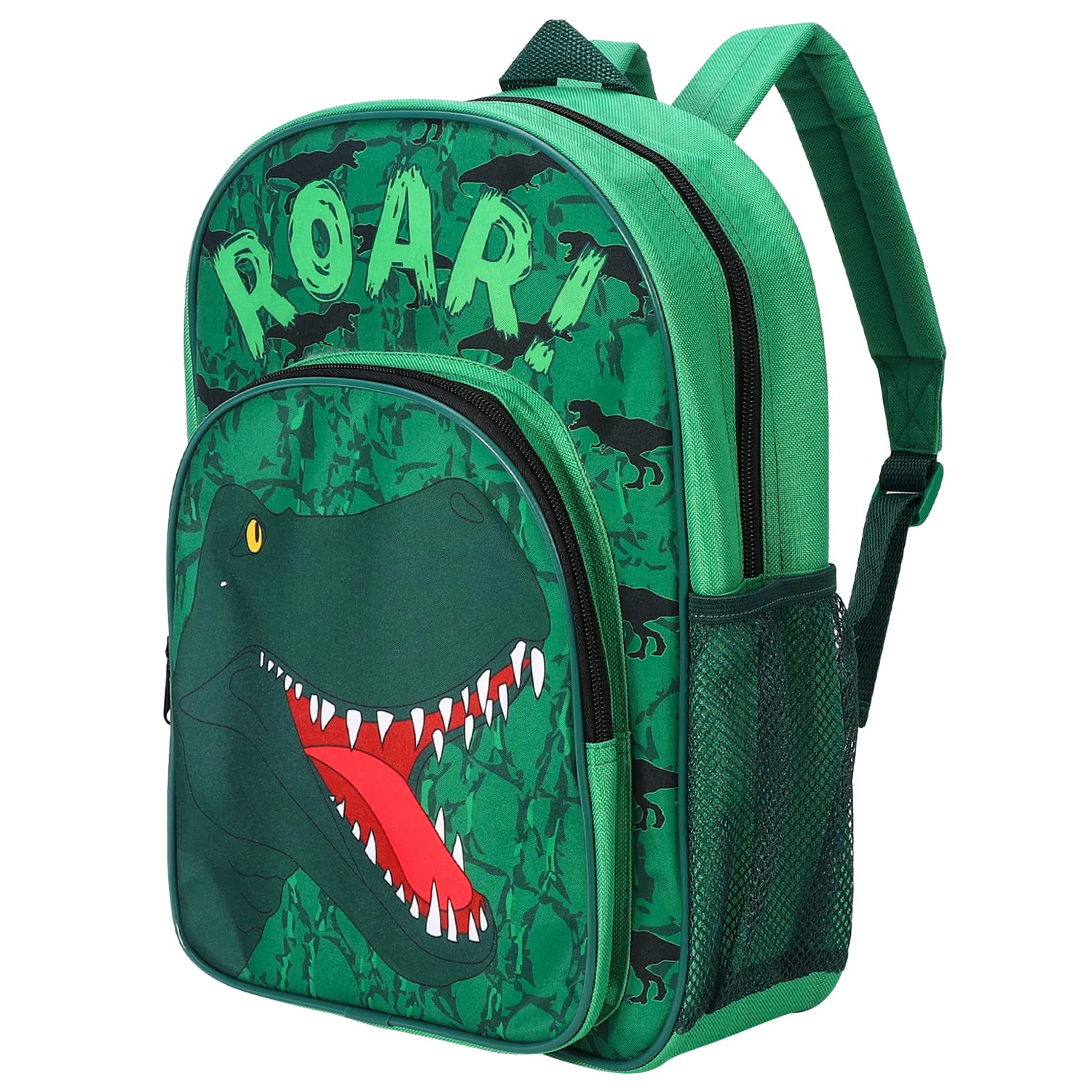 William Lamb Dinosaur Green Kids Childrens Premium Backpack School Rucksack Travel Bag Boys Girls with side mesh and front zipped pocket, Multicolour, 36.7cm height, 26cm width, 13cm depth (Z0009)