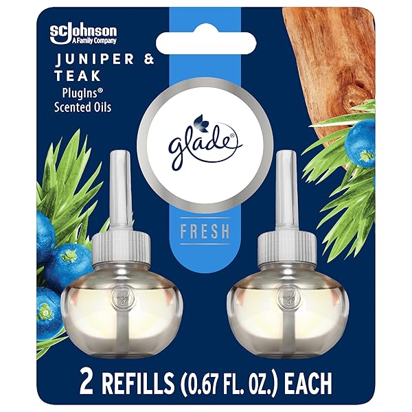 GLADE PLUGINS REFILLS AIR FRESHENER, SCENTED AND ESSENTIAL OILS FOR HOME AND BATHROOM, JUNIPER & TEAK, FRESH COLLECTION 1.34 FL OZ, 2 COUNT