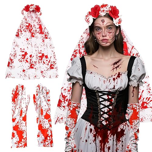 WEILAOK Halloween Veil Headband+Halloween Face Stickers+Gloves, Bride Veil halloween, Zombie Bride Costume Woman, Suitable for Carnival Party, Outdoor Activities, 3 PCS