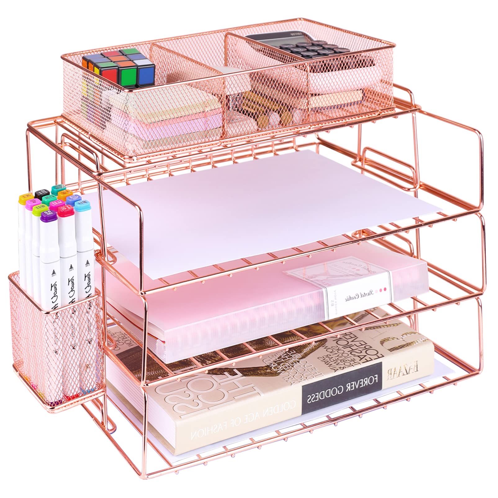 Restorgan Letter Tray, 4 Tier Rose Gold Desk Organisers, Stackable File Organiser with Pen holder, Desktop Filing Tray Organiser, Document Paper File Magazine Sorter Holder for Home & Office Desk Tidy