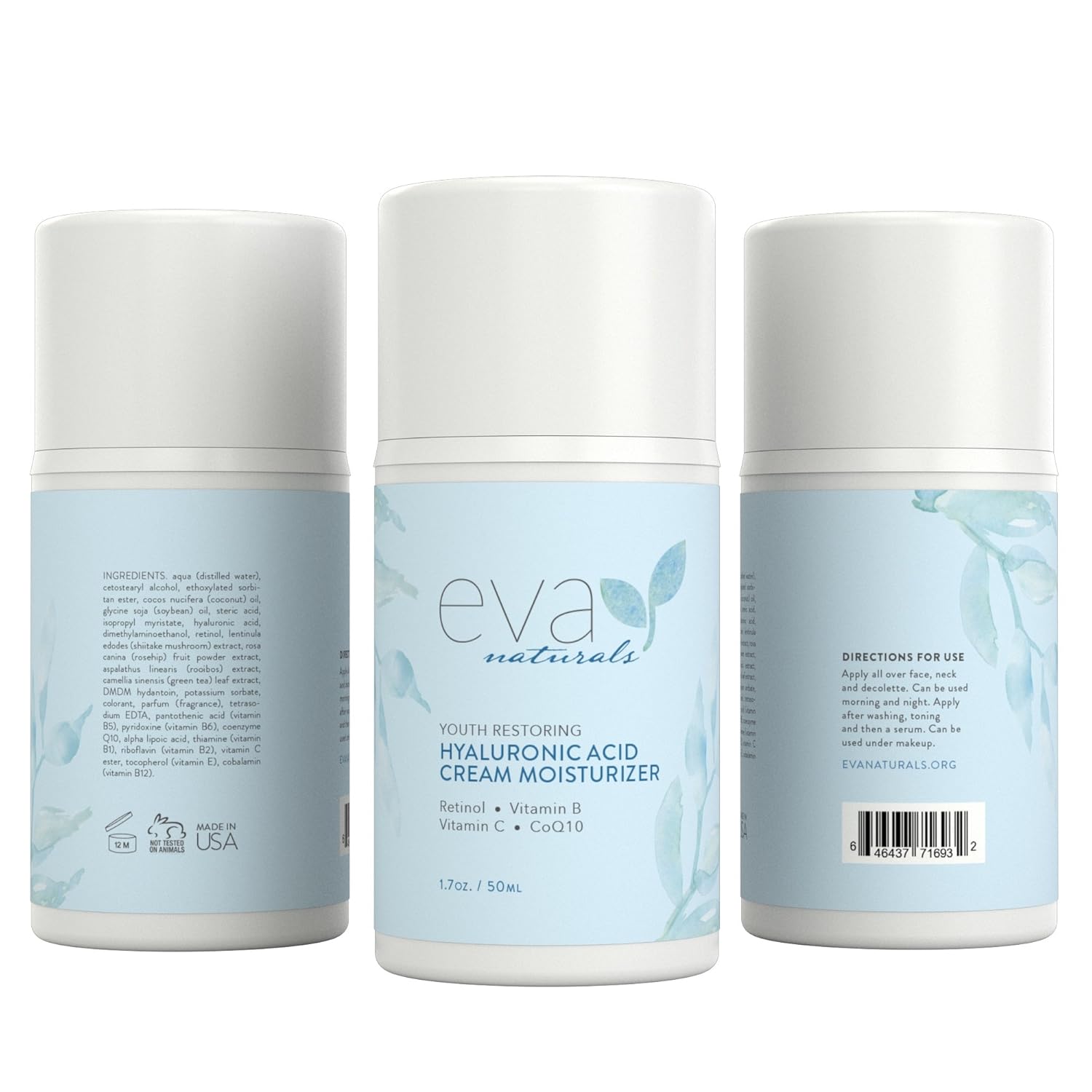 Hyaluronic Acid Moisturizing Cream by Eva Naturals - Best Wrinkle Cream - Facial Moisturizer, Dry Skin Cream, Retinol, Vitamin B, C & E, CoQ10 - Anti-Aging: Reduces Dry Skin, Fine Lines & Wrinkles: Beauty