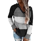 Vemodoo Women's Color Block Knit Hoodies Sweaters V Neck Drawstring Lightweight Pullover Sweatshirts & Zip up