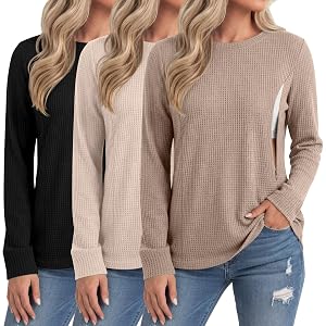 Neer 3 Pack Women's Nursing Breastfeeding Shirts | Long Sleeve, Hidden Zippers, Waffle Knit, Crew Neck, Soft Fabric, Daily Lo