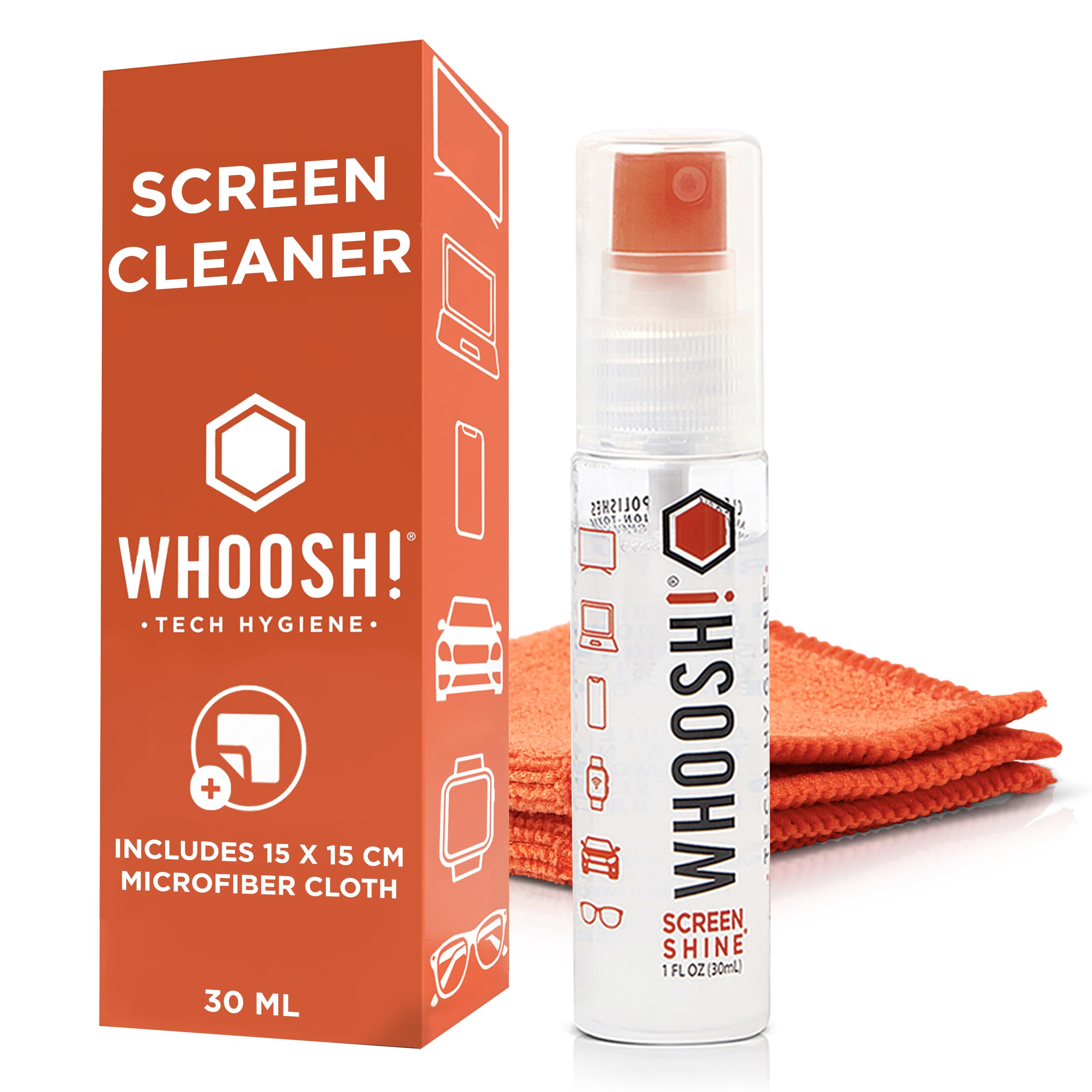 WHOOSH! Screen Shine Go MacBook Screen Cleaner - 30 mL Pocket-Sized, Travel Approved Bottle with Microfiber Cloth - Powerful, Streak-Free Cleaning for Car Screens, Laptop, Glasses, Phone Cleaning Kit