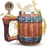 Viking Mugs for Men, Stainless Steel Beer Mug, Wooden Stainless Steel Beer Mug, Bottle Opener, Medieval Nordic Style Pub Stein, Renaissance Bar Decor, for Beer Lovers and Men 20 OZ