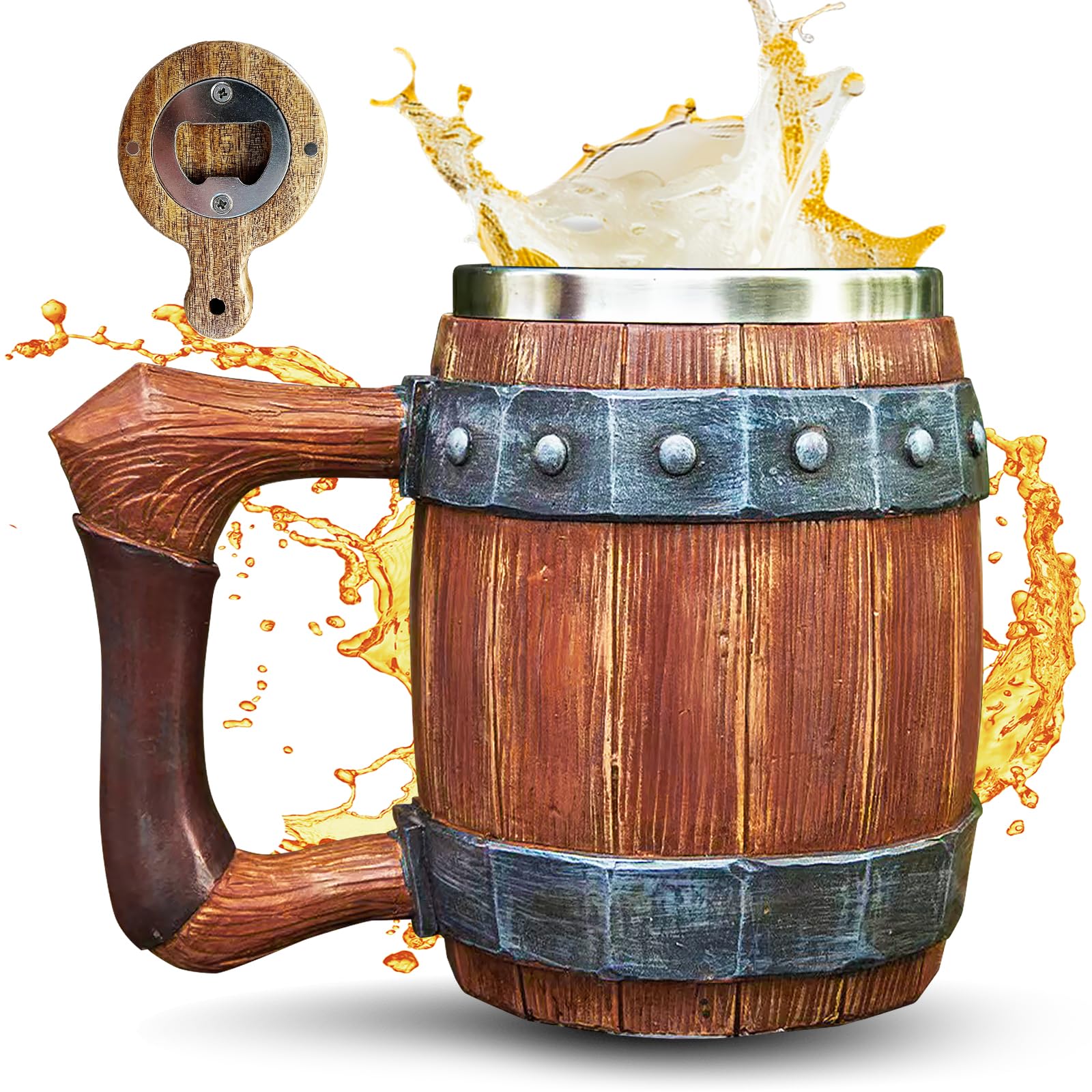 Photo 1 of ***MAJOR DAMAGE*** ***READ CLERK NOTES***Viking Mugs for Men, Stainless Steel Beer Mug, Wooden Stainless Steel Beer Mug, Bottle Opener, Medieval Nordic Style Pub Stein, Renaissance Bar Decor, for Beer Lovers and Men 20 OZ