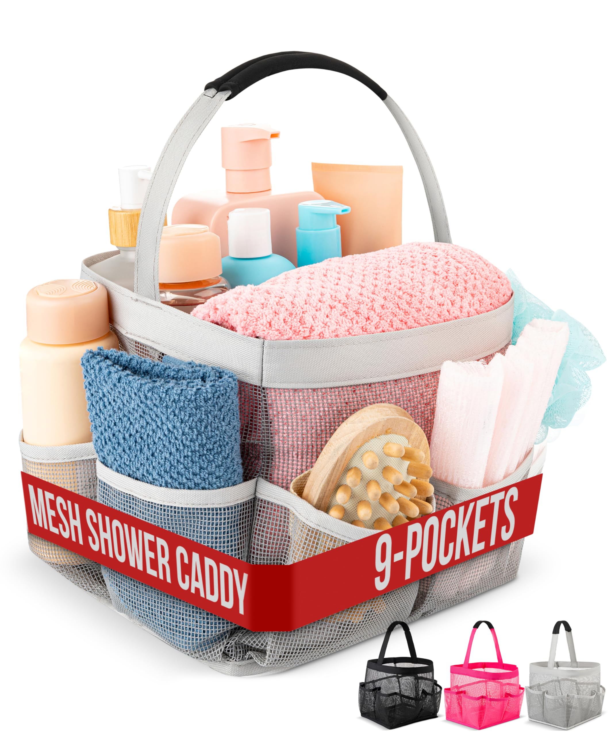 Photo 1 of Masirs Mesh Shower Caddy - 9 Pocket Portable Bathroom Organizer Tote for Travel, Gym & Dorm - Collapsible Small Shower Caddy Bag to Hold Toiletries & Essentials (Gray)